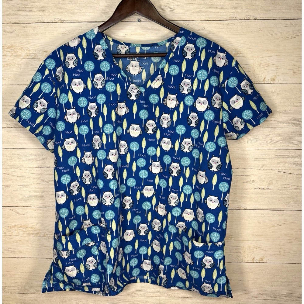 Scrubfinity Basix Womens XL Blue Owl V Neck Scrub Tunic Top Pockets Short Sleeve